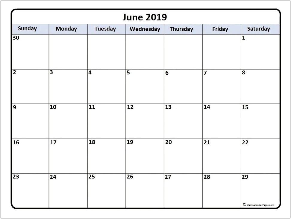 Free Printable Calendar Templates June 2019