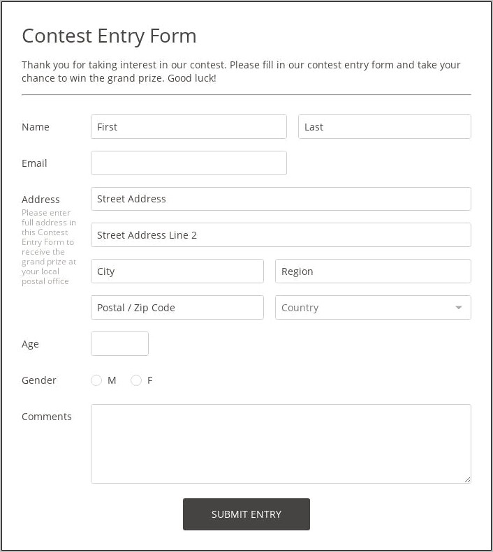 Free Printable Contest Entry Form Template