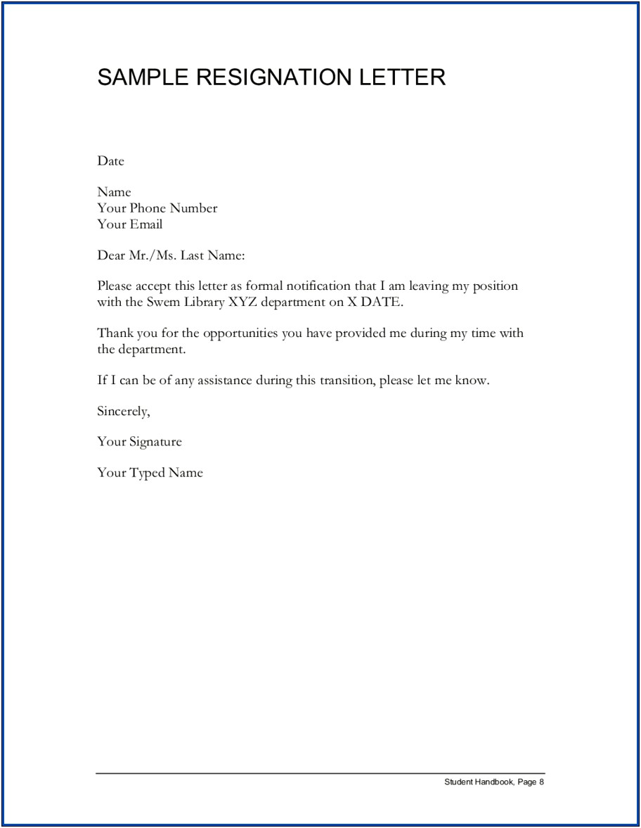 Free Printable Letter Of Resignation Template