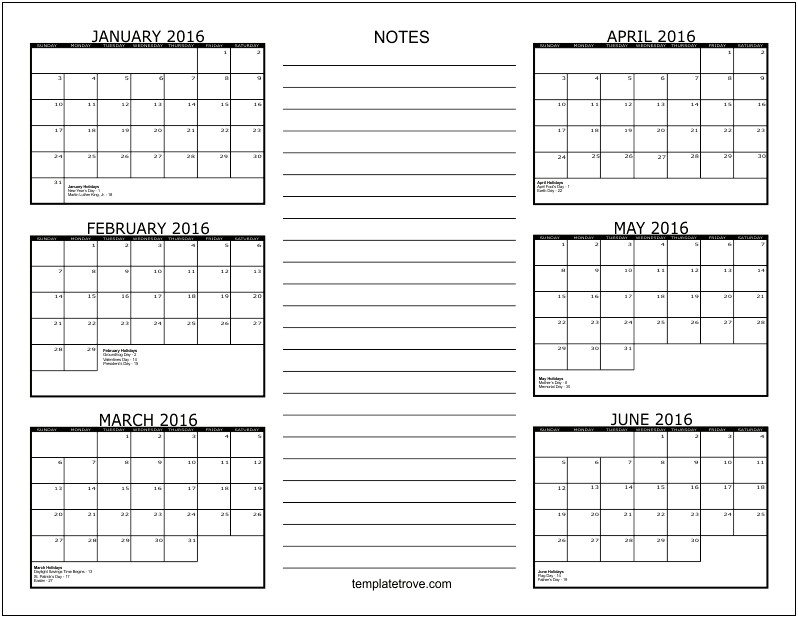 Free Printable Monthly Calendar Templates 2016