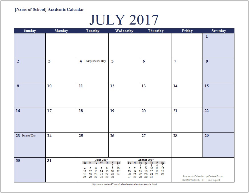 Free Printable School Year Calendar Templates