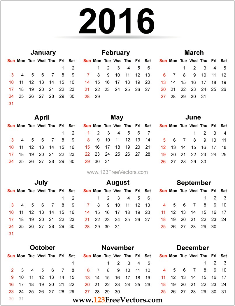 Free Printable Yearly Calendar Templates 2016
