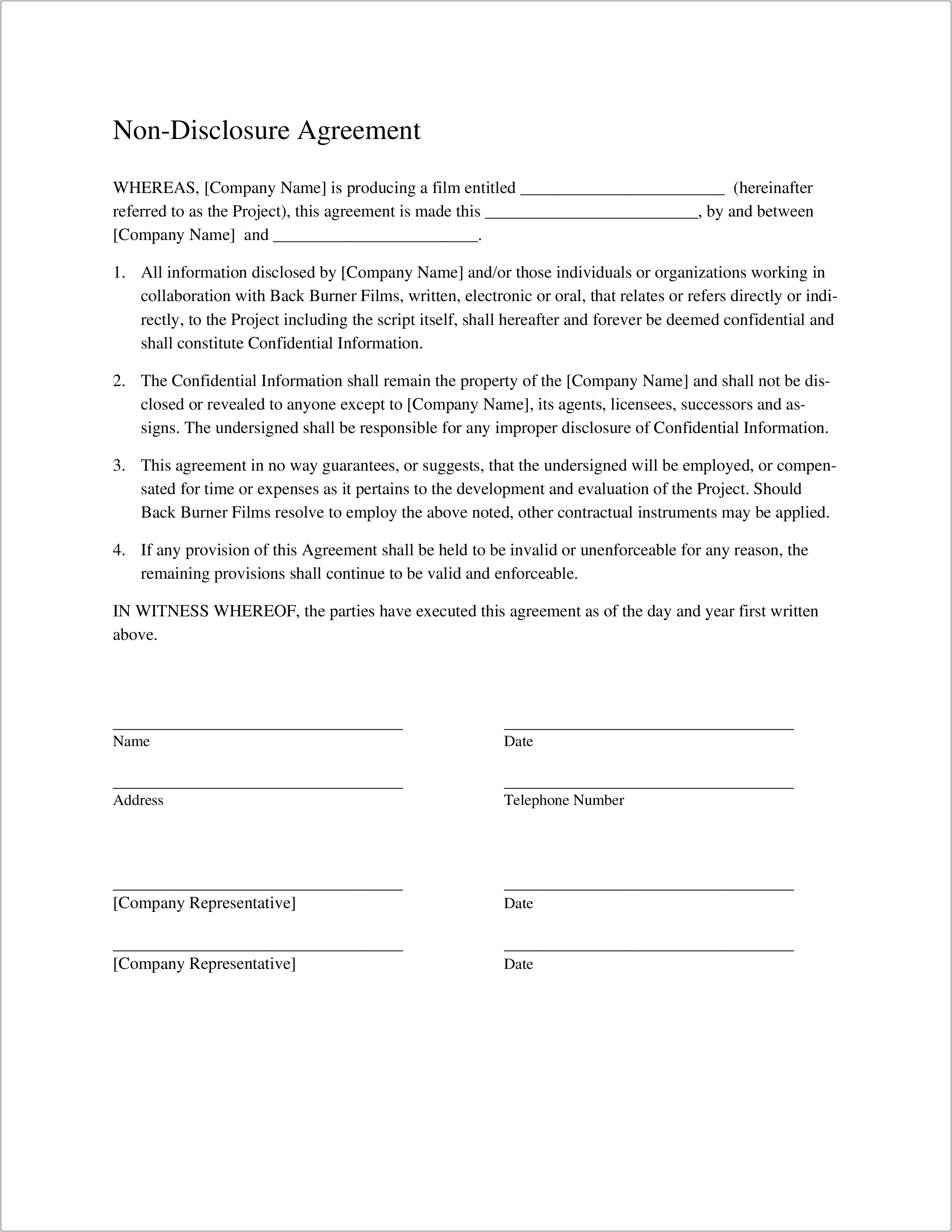 Free Sample Non Disclosure Agreement Template