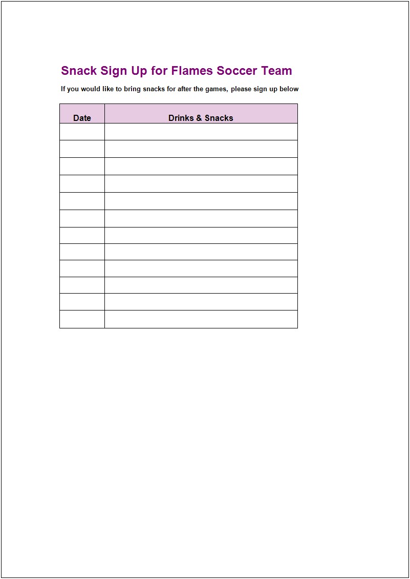 Free Snack Sign Up Sheet Template