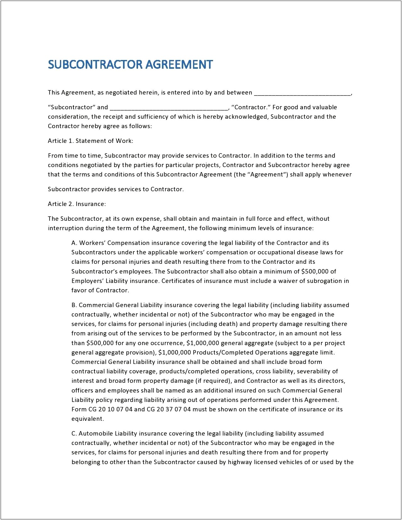 Free Subcontractor Agreement Template Word Uk