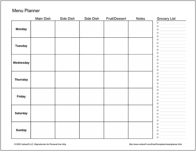 Free Template For Weekly Meal Planner