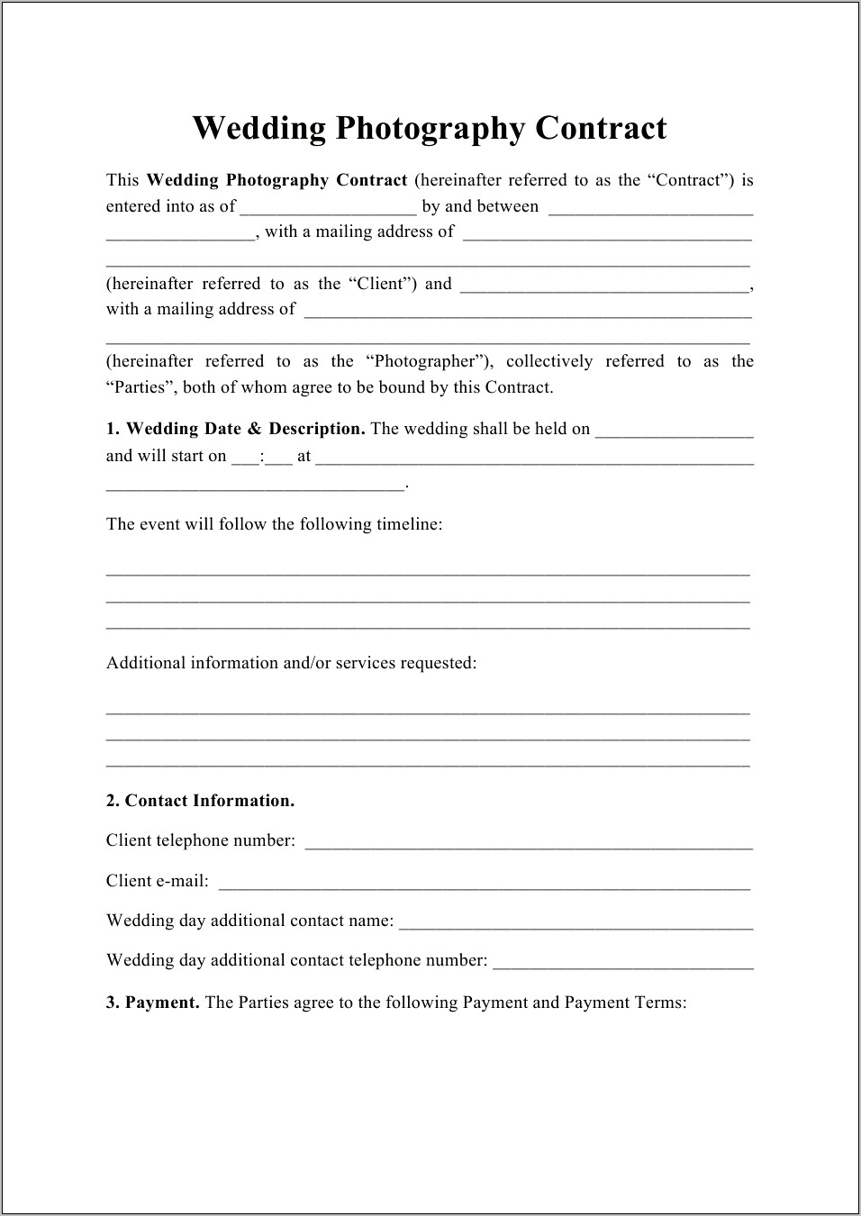 Free Wedding Photography Contract Template Word