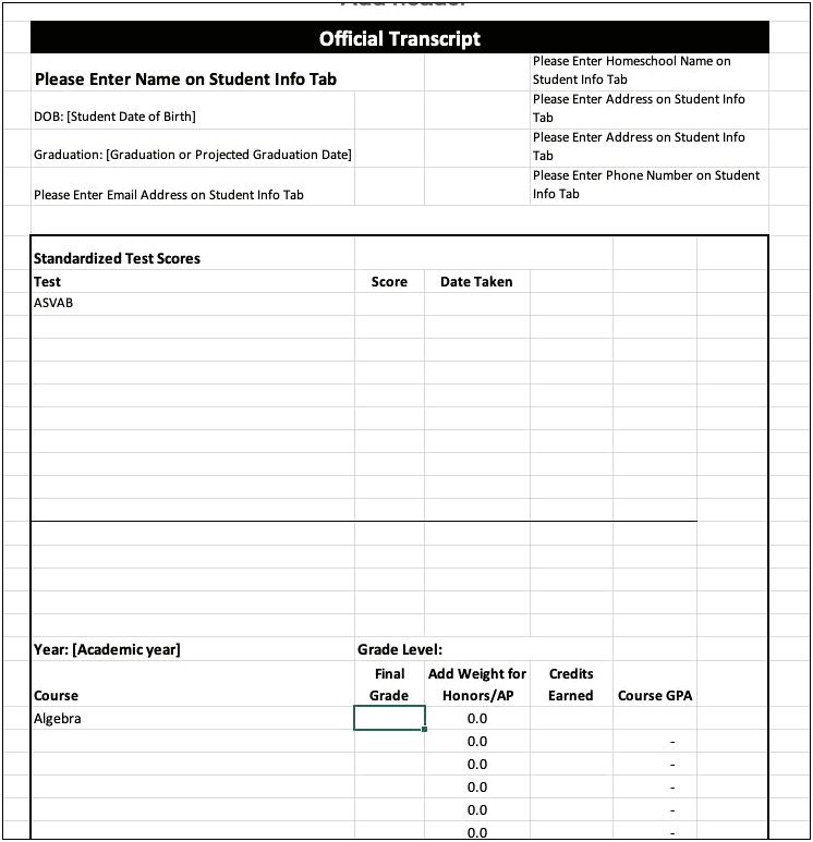 High School Transcript Template Excel Free