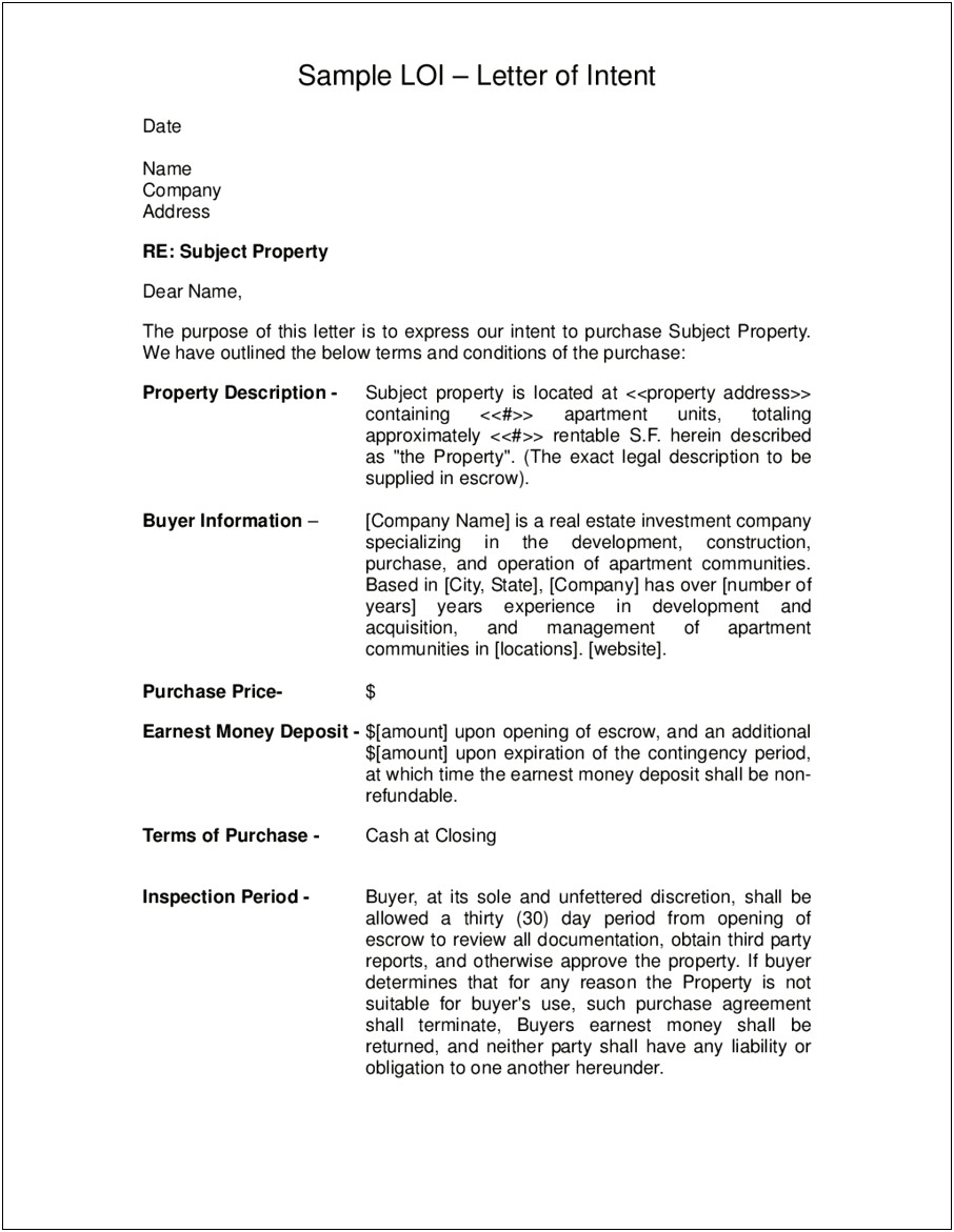 Investment Letter Of Intent Template Free