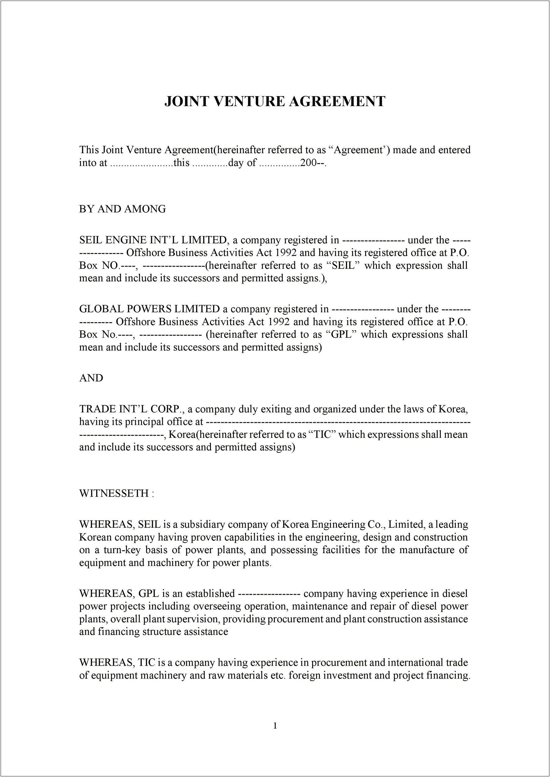 Joint Venture Agreement Uk Free Template