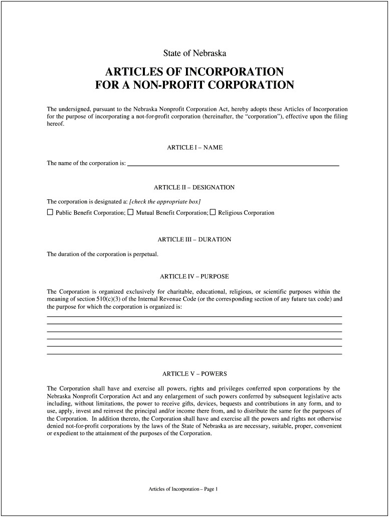 Llc Articles Of Incorporation Template Free