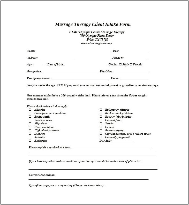 Massage Therapy Intake Form Template Free
