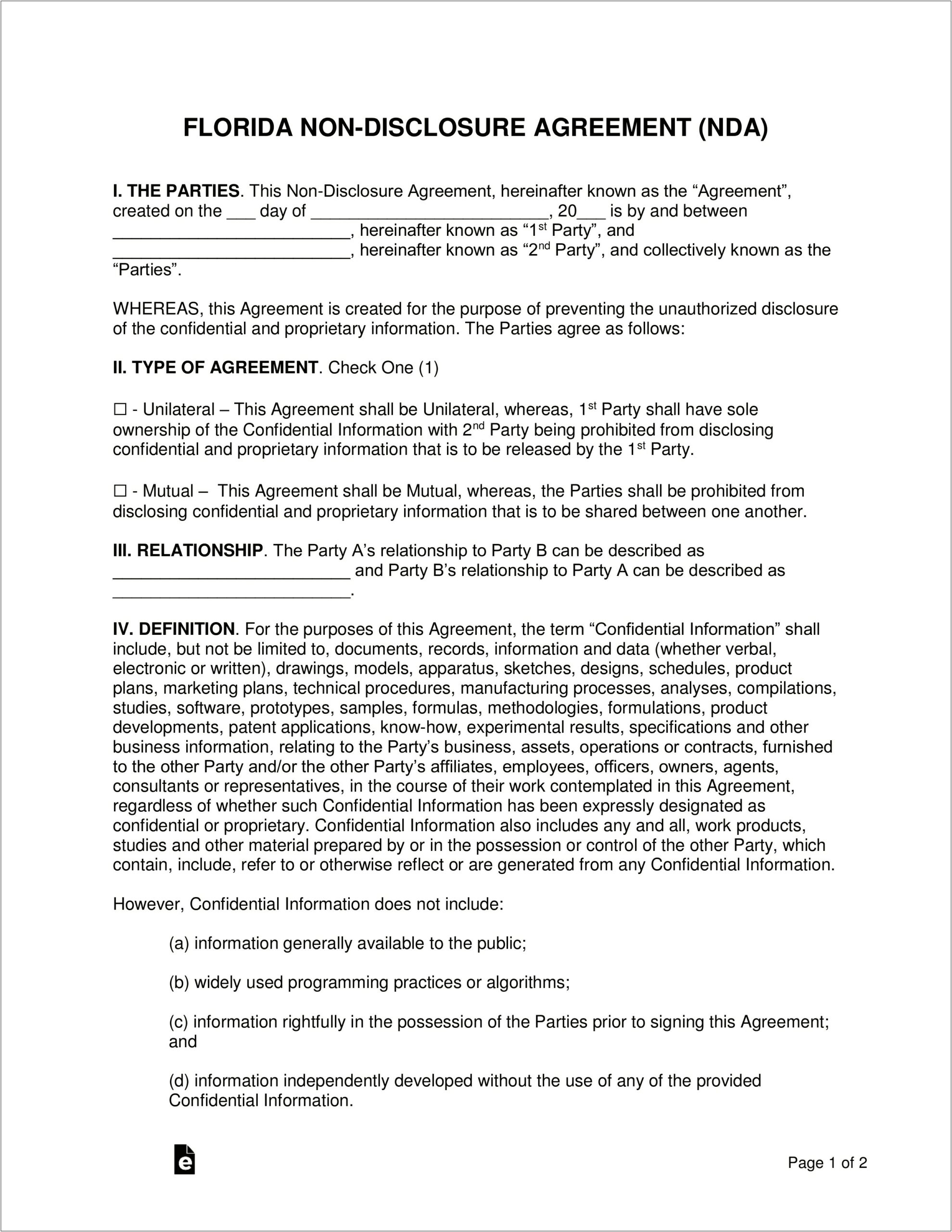 Mutual Non Disclosure Agreement Free Template
