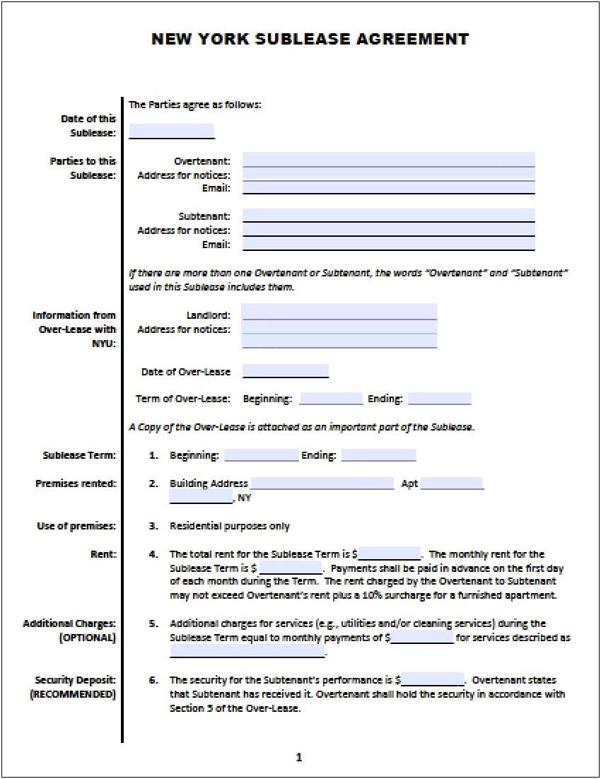 New York Sublease Agreement Template Free