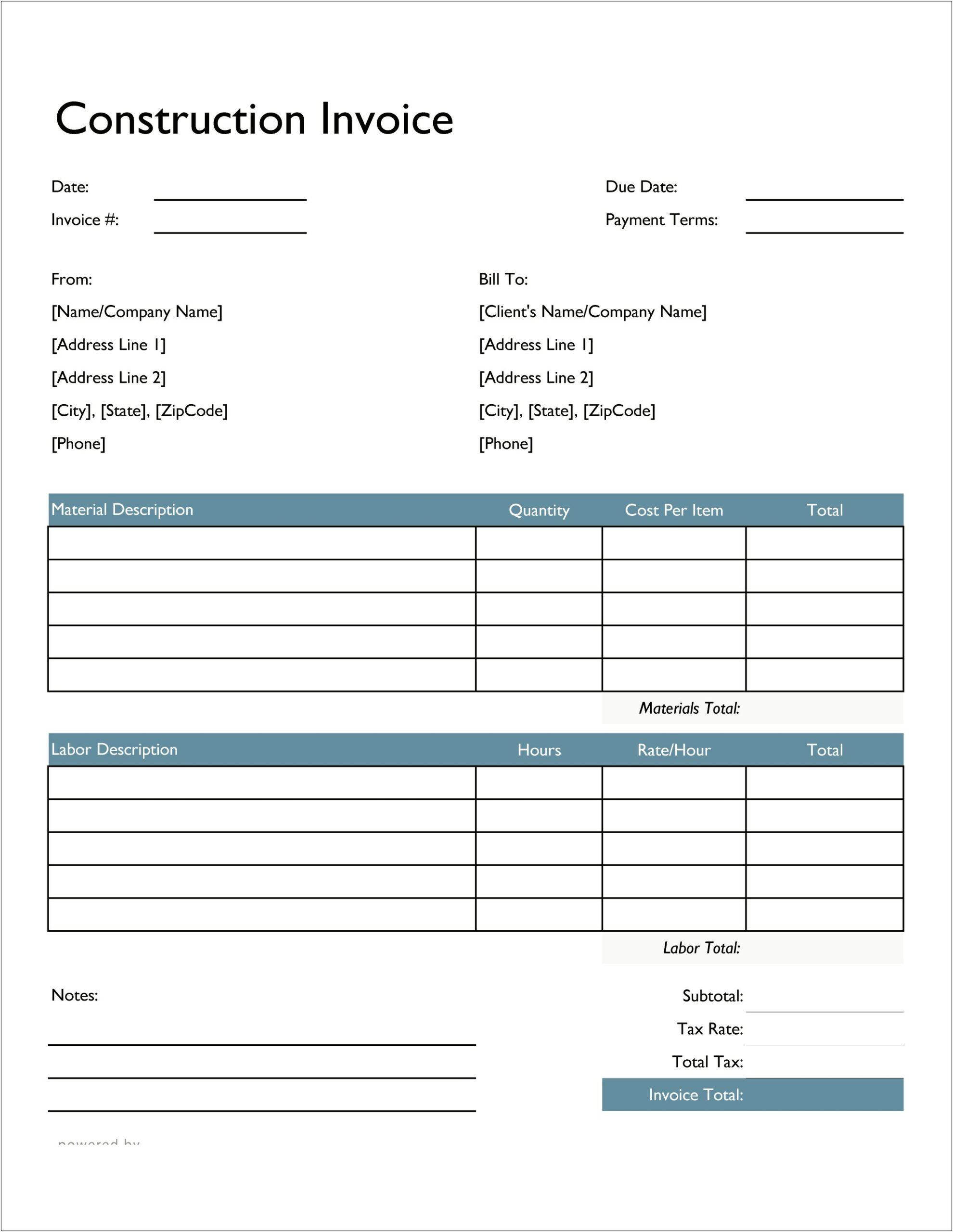 Parts And Labor Invoice Template Free