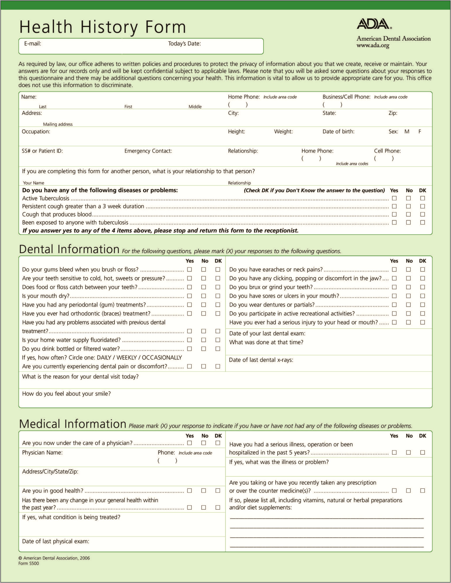 Printable Free Medical History Questionnaire Template