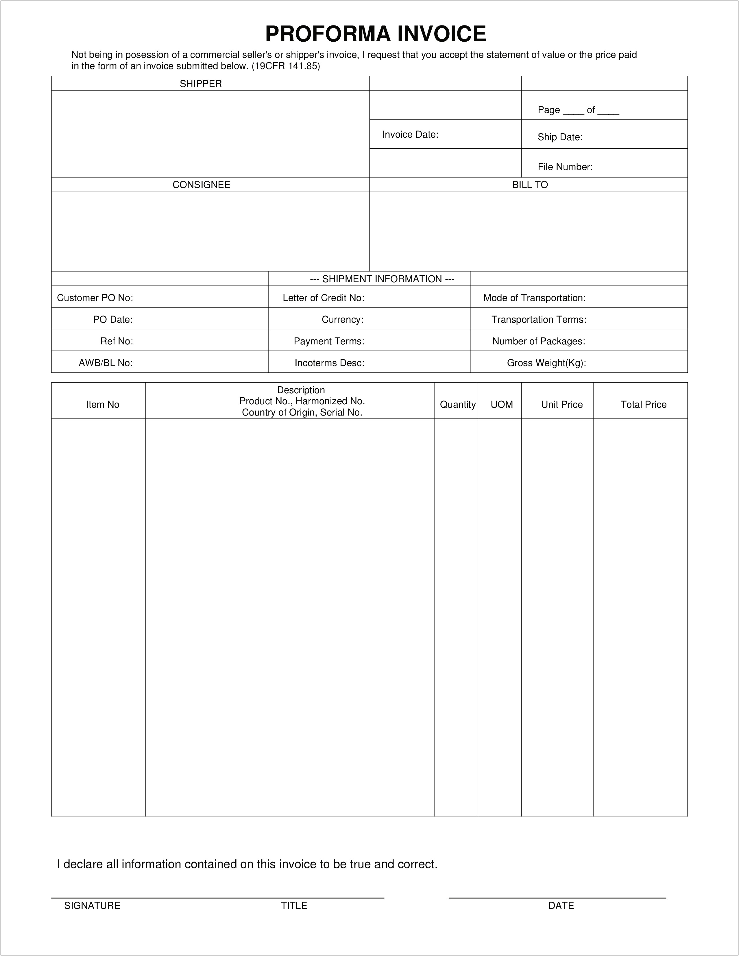 Proforma Invoice Template Excel Free Download