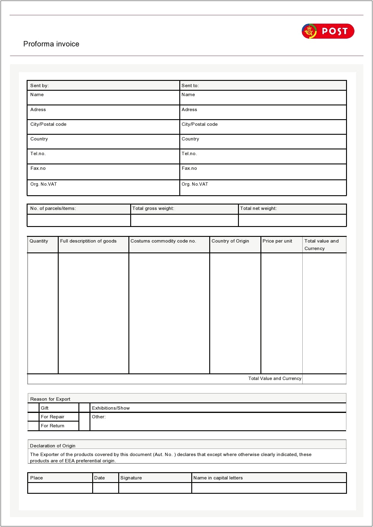 Proforma Invoice Template Word Free Download