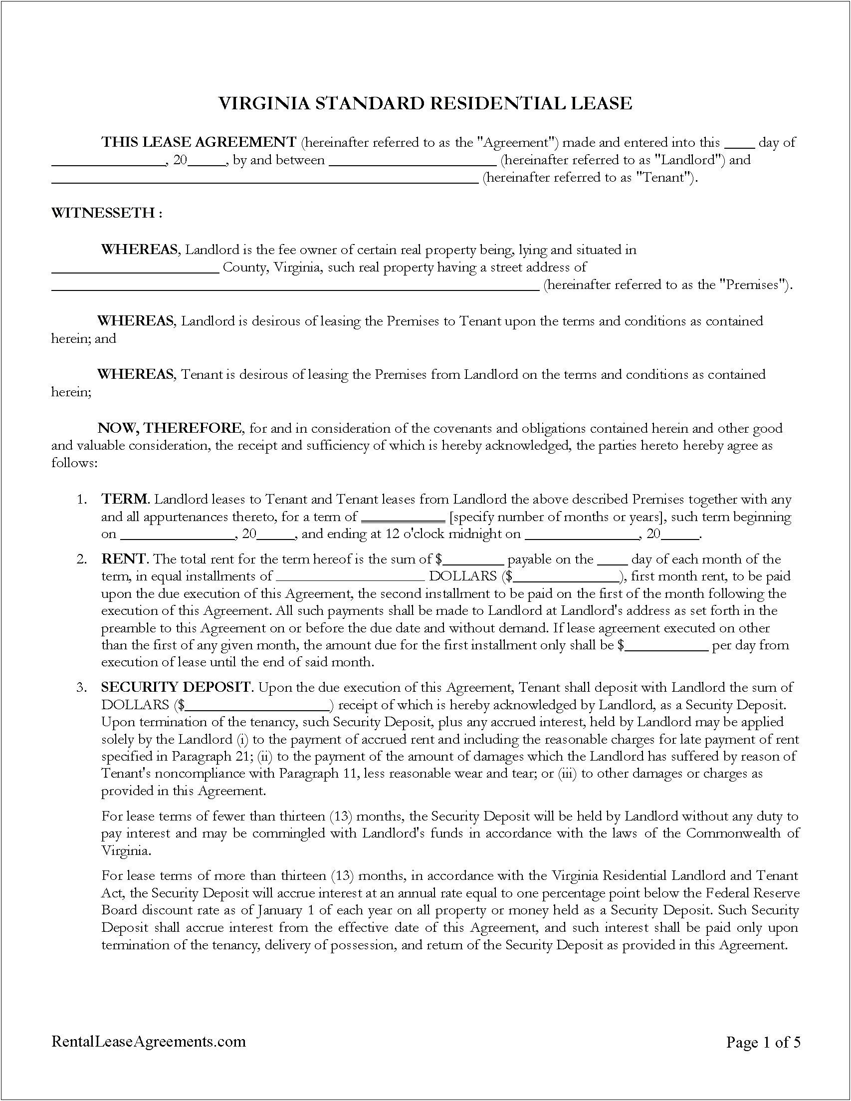 Residential Lease Agreement Template Virginia Free