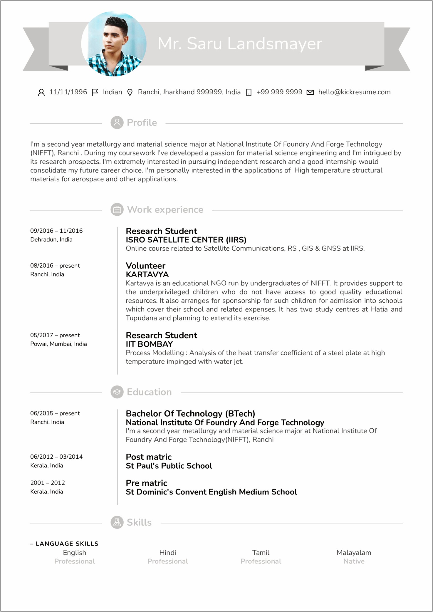 Resume Samples For College Students In India