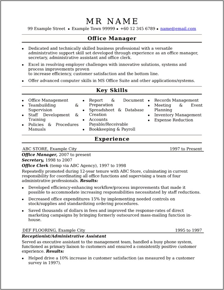 Resume Skill Set Business Office Professional