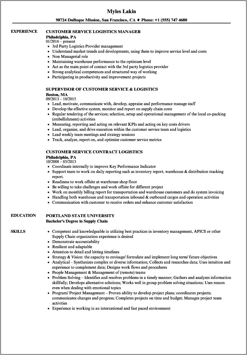 Resume Summary Customer Service And Warehousing