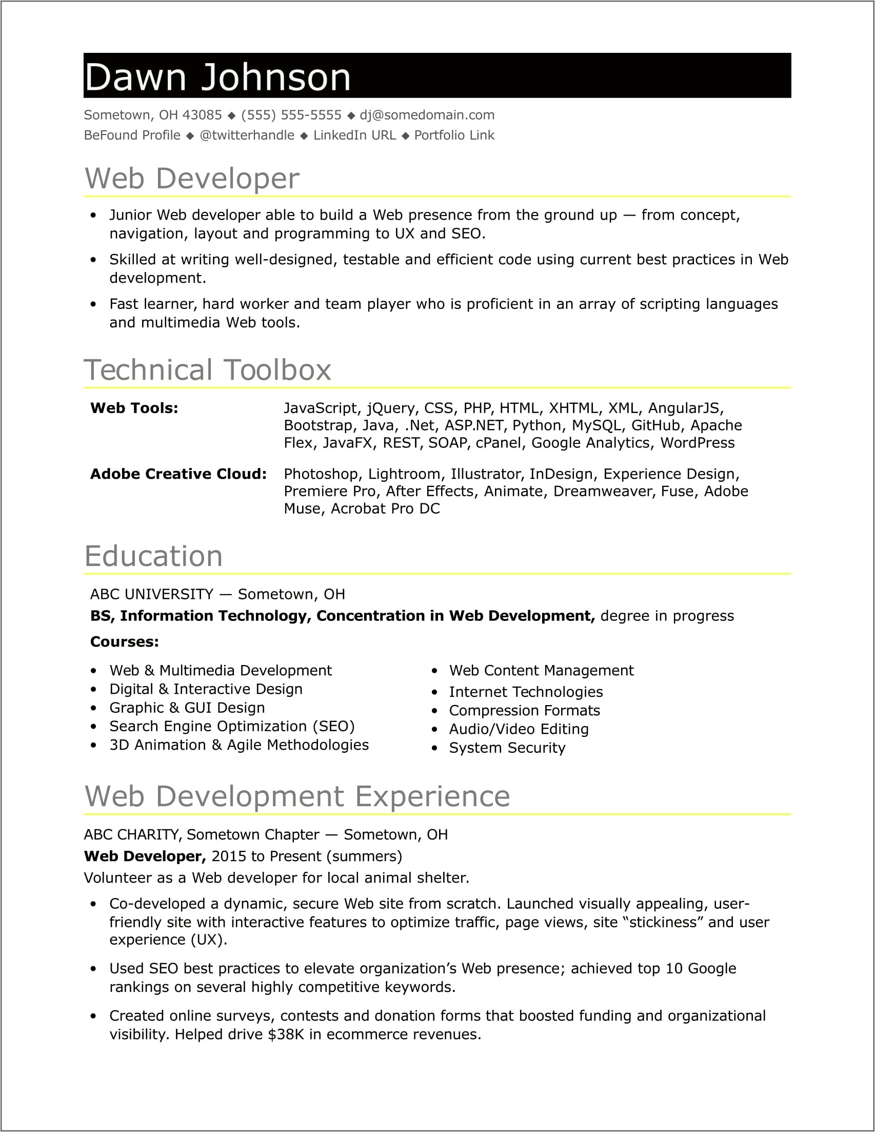 Resume Summary Entry Level Web Development