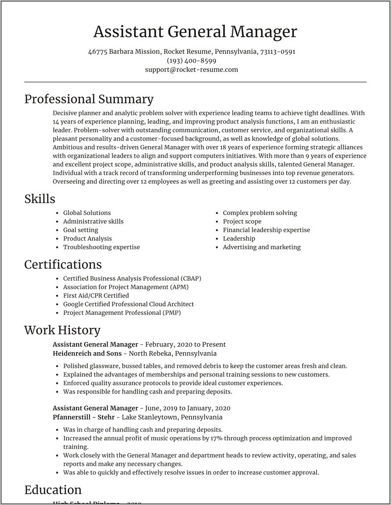 Resume Summary Examples Assistant General Manager