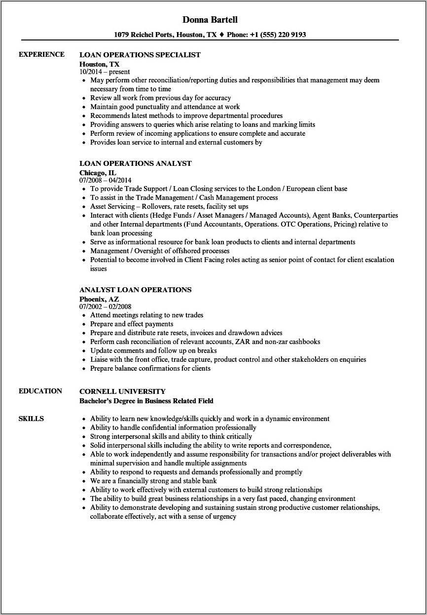Resume Summary Examples For Bank Lending