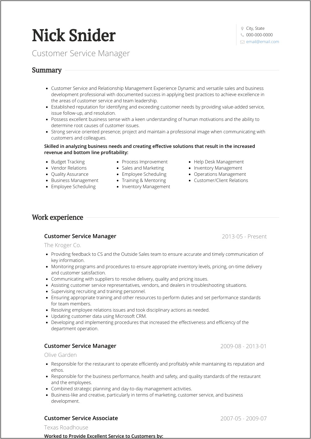 Resume Summary Examples For Customer Service Manager