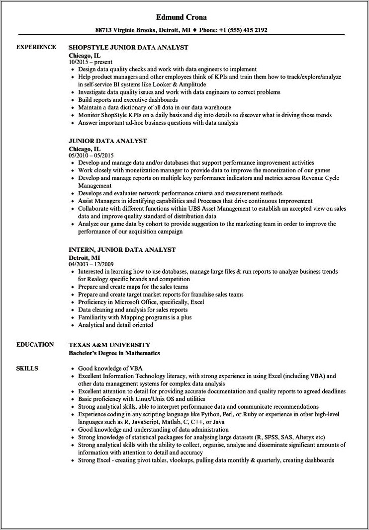 Resume Summary Examples For Data Analyst Entry Level