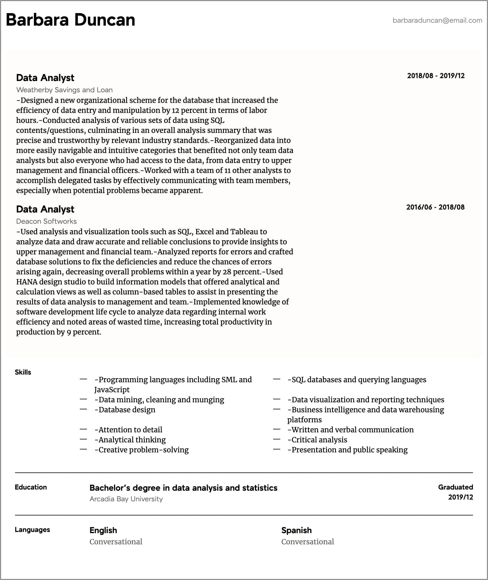 Resume Summary Examples For Data Analyst