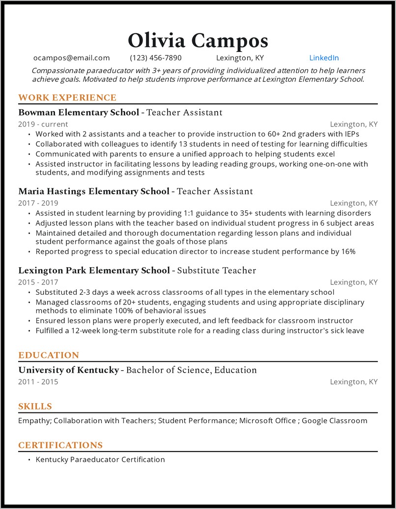 Resume Summary Examples For Entry Level Paraeducator