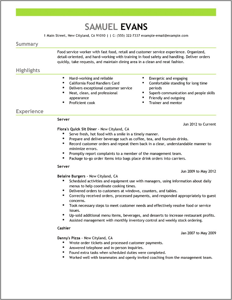 Resume Summary Examples For Fast Food