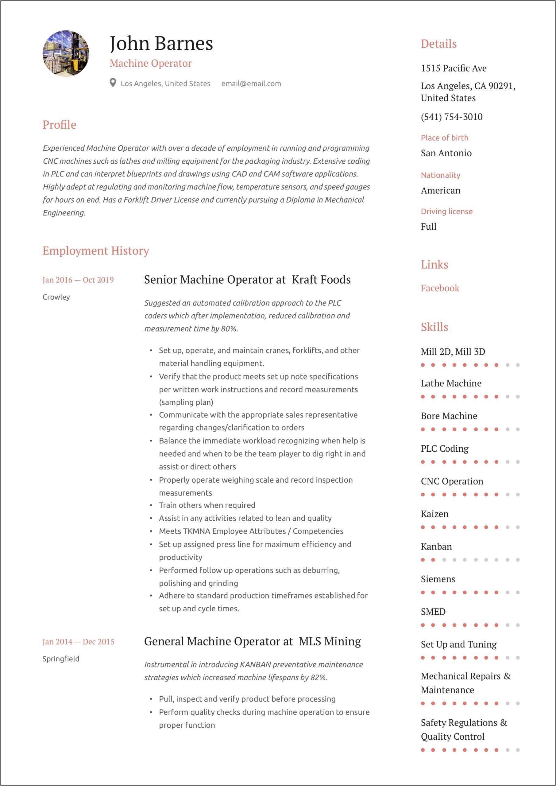Resume Summary Examples For Machine Operator