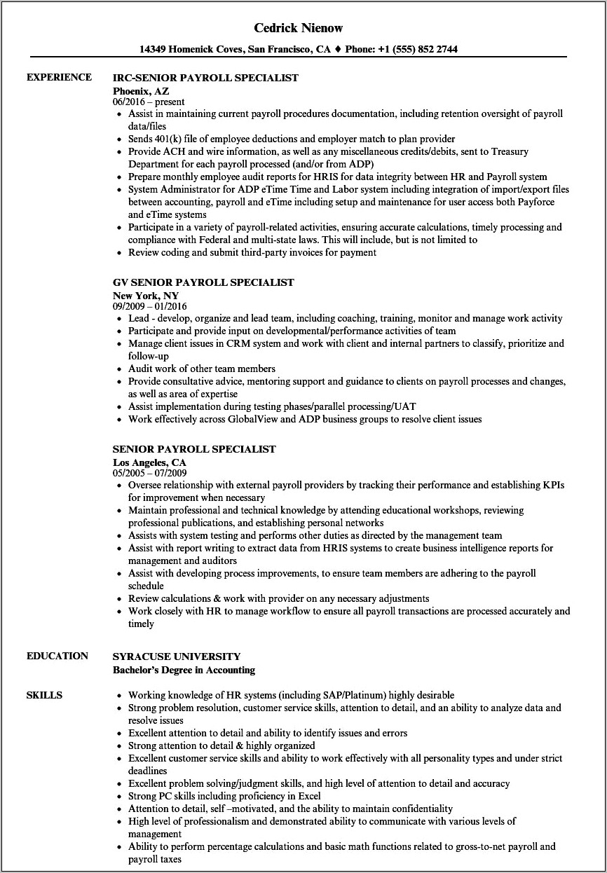 Resume Summary Examples For Payroll Specialist