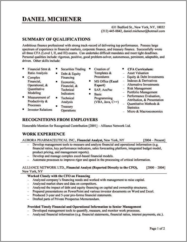 Resume Summary Examples For Risk Management