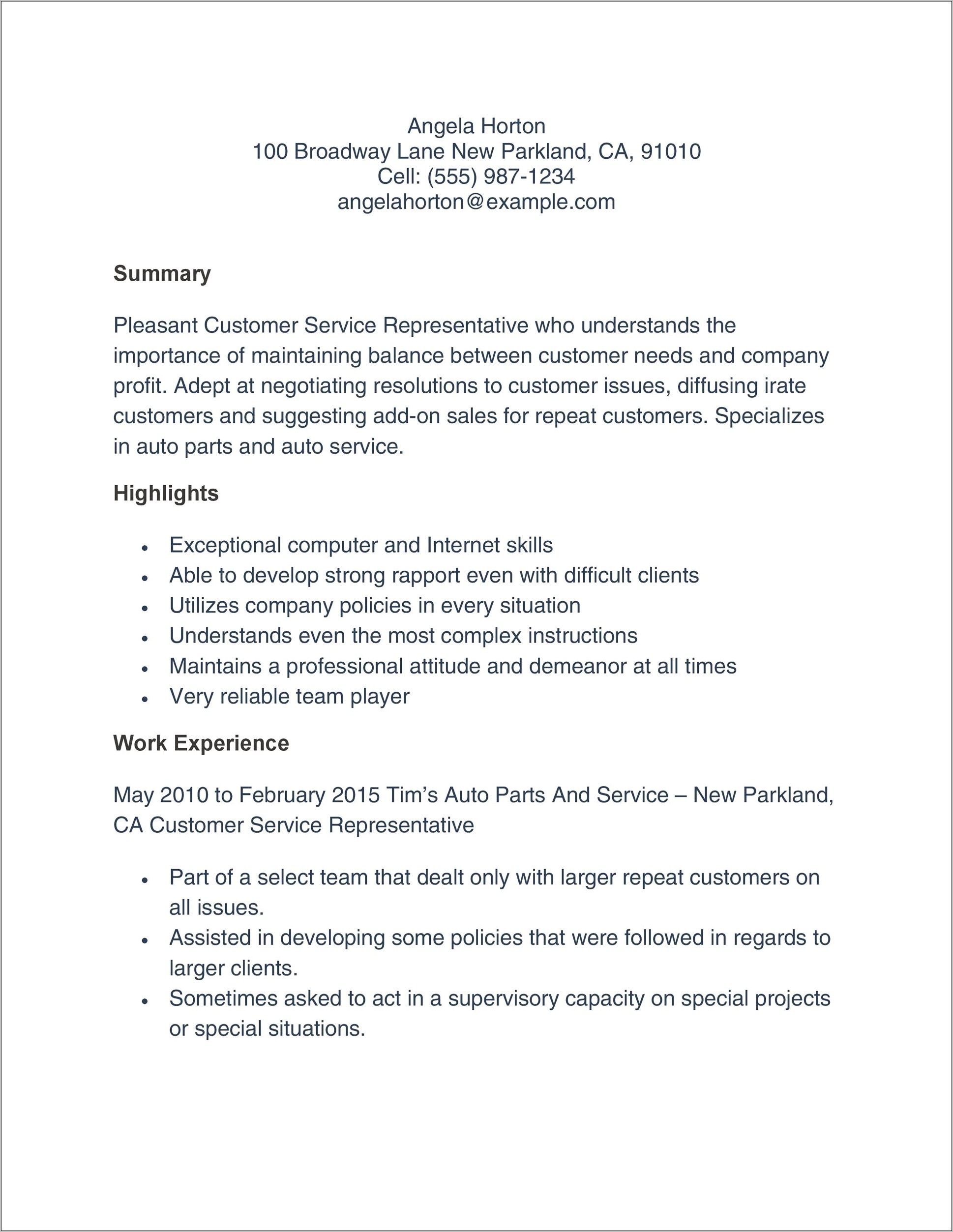 Resume Summary For A Customer Service Job