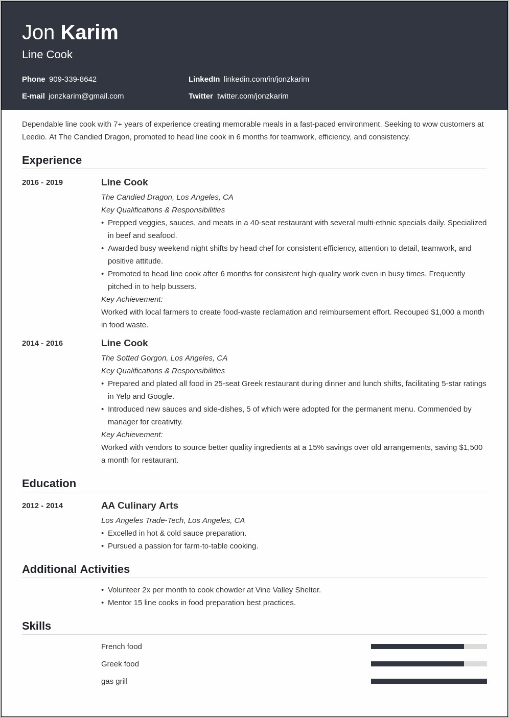 Resume Summary For A Line Cook