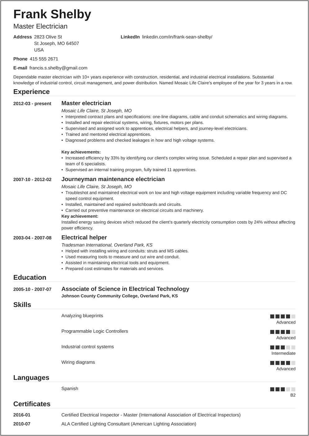 Resume Summary For An Apprentice Electrician