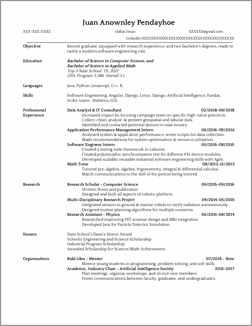 Resume Summary For Bachelor Of Science Graduate