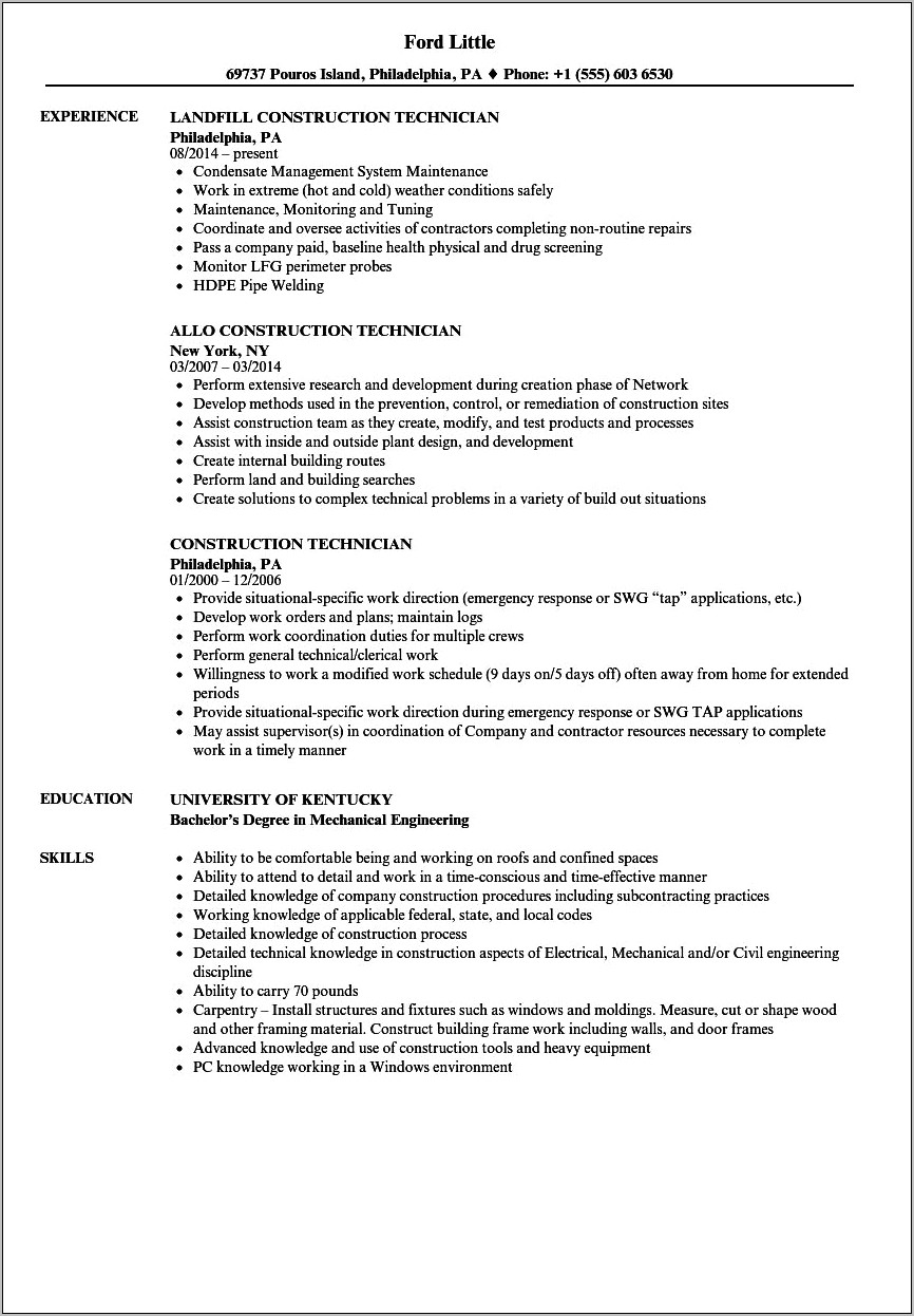 Resume Summary For Construction Materials Tester