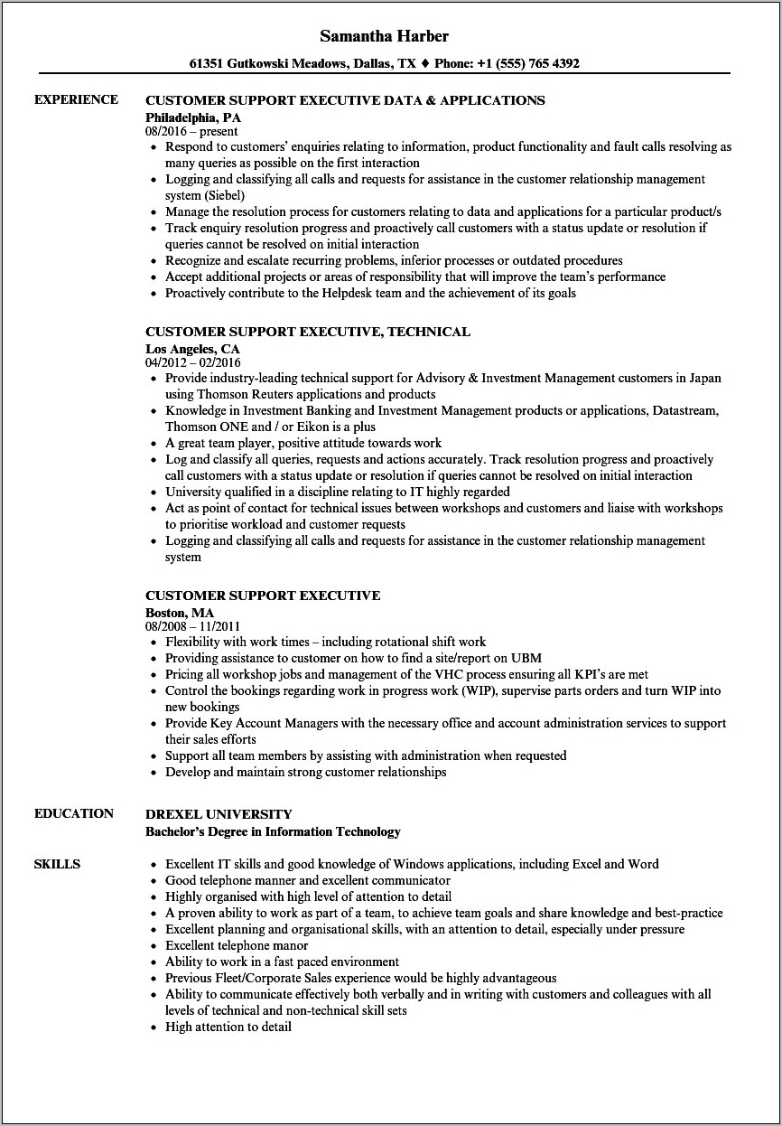 Resume Summary For Customer Care Executive