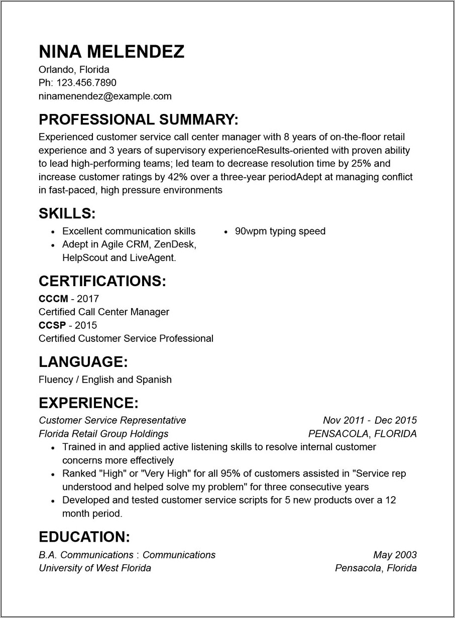 Resume Summary For Customer Service Manager