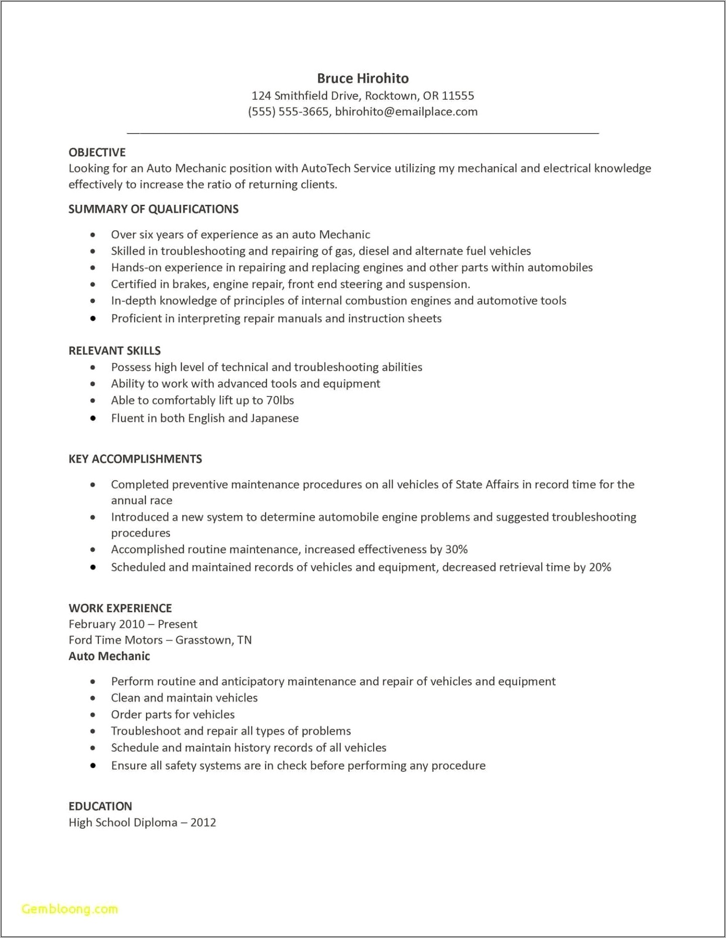Resume Summary For Diesel Technician Students