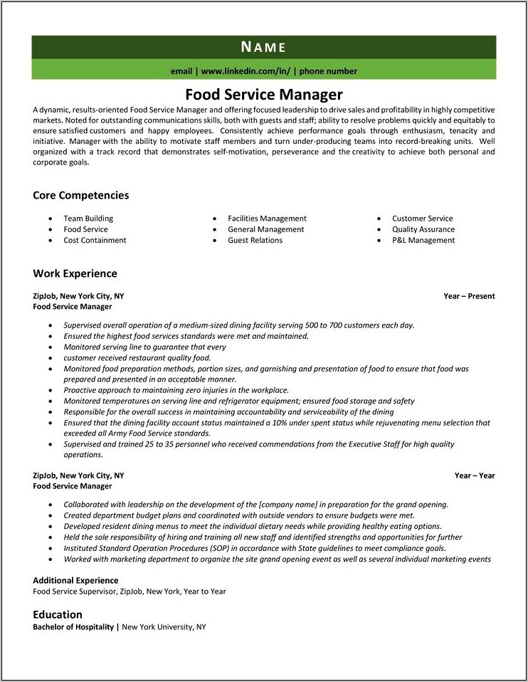 Resume Summary For Food Service Manager