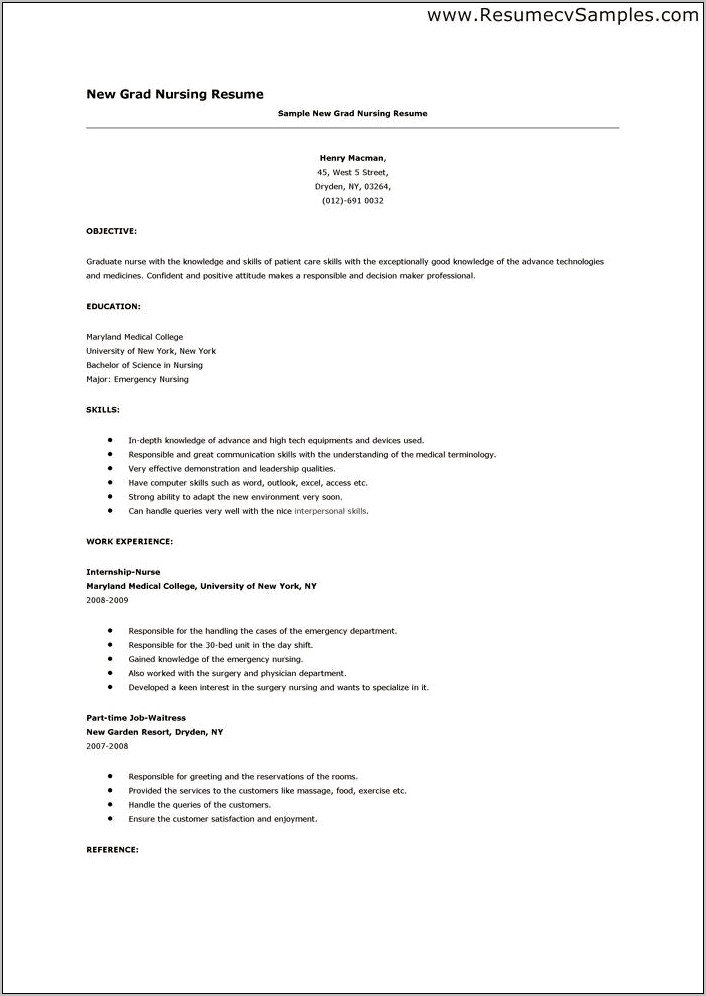Resume Summary For Graduate Nurse Sample