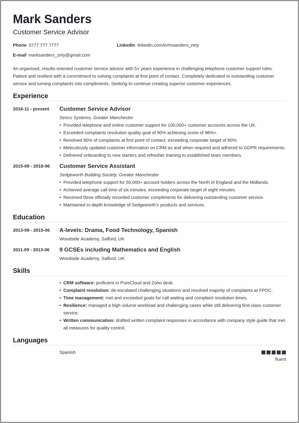 Resume Summary For Hospitality And Client Service