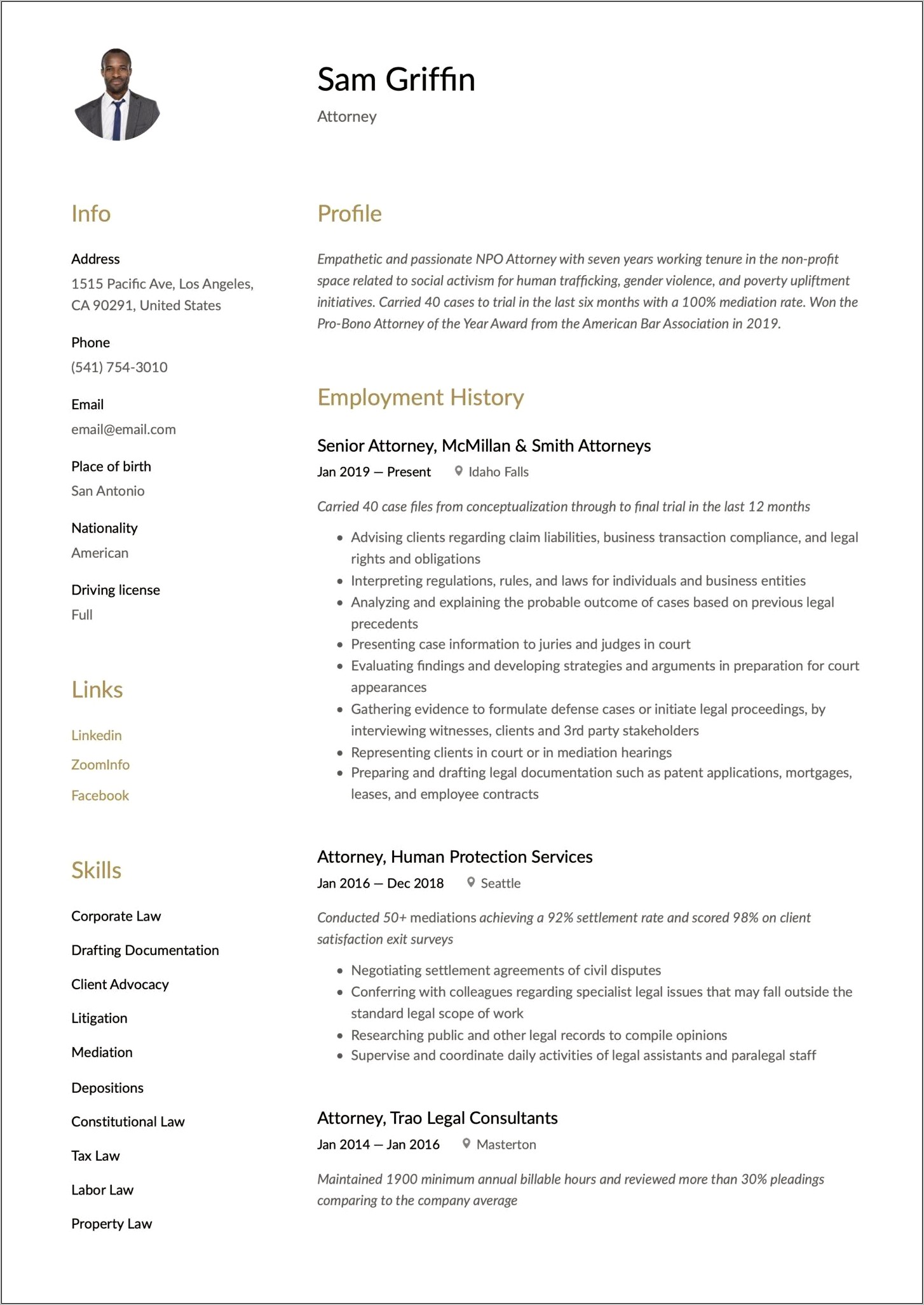 Resume Summary For In House Counsel