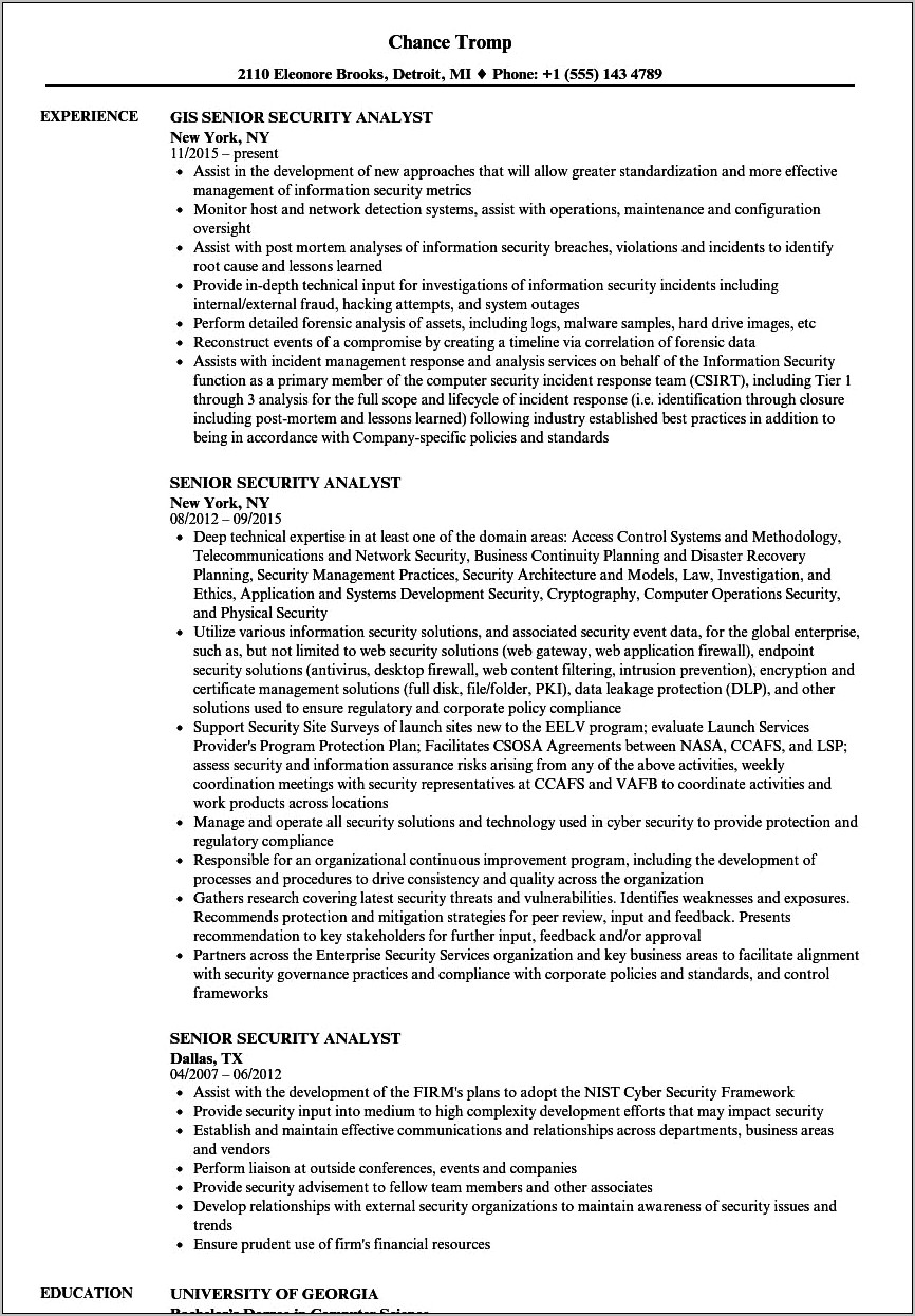 Resume Summary For Junior Security Analyst